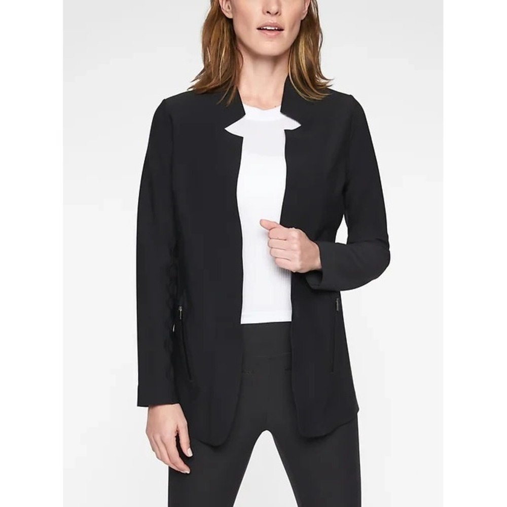Athleta Black Stellar Blazer Jacket Open Front Notch Collar Zip Pockets ST TALL - Picture 1 of 7